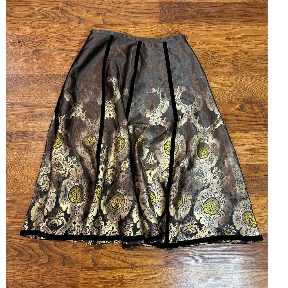 Vintage Apostrophe Satin Velvet A-Line Midi Skirt Ornate Design Women's Size 2